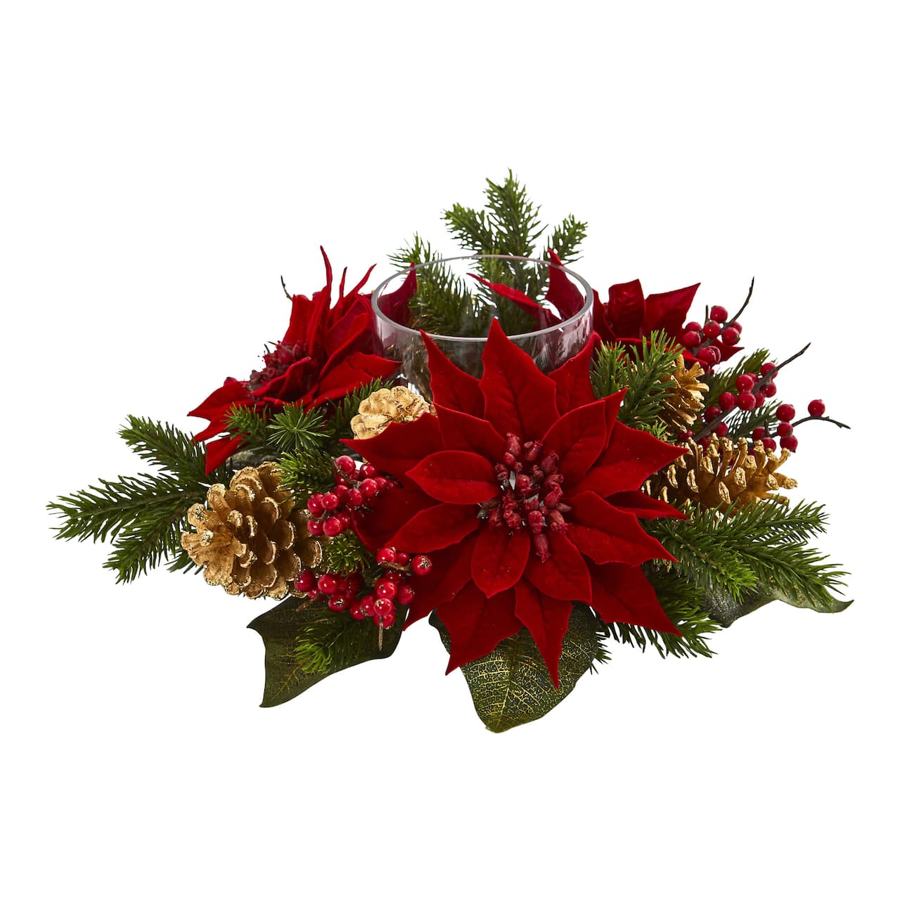 14" Poinsettia, Berry & Golden Pinecone Candelabrum Artificial Arrangement